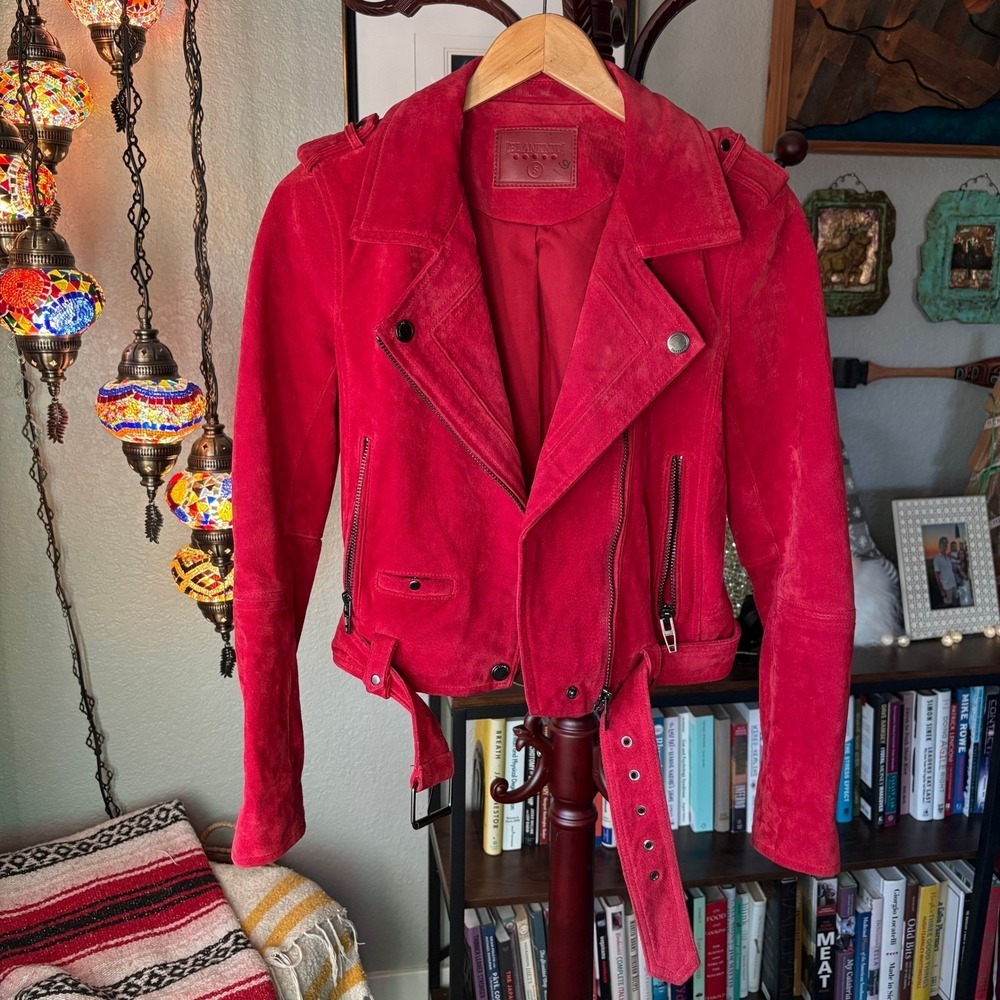 BLANKNYC Red Suede Cropped Moto Jacket Leather Biker Belted Size S - Picture 5 of 16